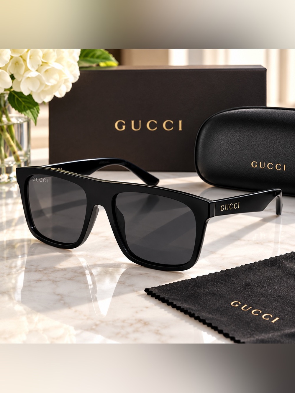 Gucci Simple Fit 57MM Square Sunglasses Black Grey Unixes